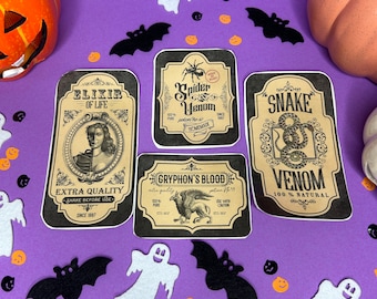 Halloween Potion Bottle Labels | Set of 13 Designs | Laminated & Waterproof | Size 7-12 CM | Perfect Gift | Fall Stickers | Decoration