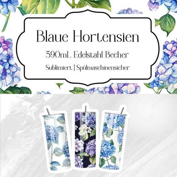 Lila & Blaue Hortensie  | 590-ml-Edelstahlbecher mit Deckel und Strohhalm | Isolierend | spülmaschinenfest