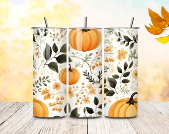 Autumn Pumpkins Tumbler - 20 oz Edelstahlbecher mit herbstlichen Kürbismotiven, Sublimiert, Spülmaschinenfest, inkl. Strohhalm und Deckel