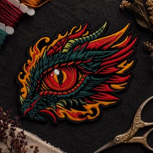 Drakeögonlapp, broderad fantasilapp, 12 x 10 cm