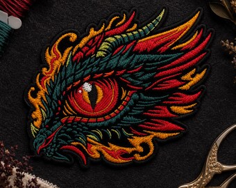 Puede incluir: Un parche bordado que presenta un diseño detallado de ojo de dragón. El ojo tiene un iris rojo brillante y una pupila negra vertical, rodeado de escamas en tonos verde oscuro, rojo vibrante y amarillo dorado, con un borde negro cosido.