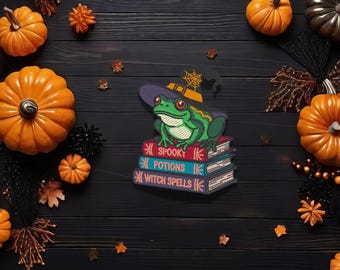 Hexenfrosch Aufnäher – Frosch mit Hexenhut und Zauberbüchern – Bestickter Patch, 9 cm