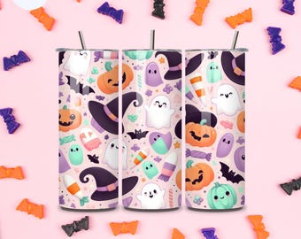 Kawaii Ghosts & Pumpkins Tumbler - 20 oz Edelstahlbecher mit süßen Halloween Motiv, Sublimiert, Spülmaschinenfest, mit Strohhalm und Deckel
