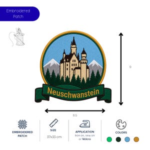 May include: Embroidered patch featuring Neuschwanstein Castle, with a blue sky and green forest. The patch is 8.5 inches wide and 9 inches tall. The patch can be ironed on, sewn on, or attached with Velcro.