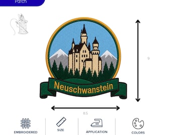 Puede incluir: Parche bordado con el castillo de Neuschwanstein, con cielo azul y bosque verde. El parche mide 37x33 cm. Se puede planchar, coser o fijar con velcro. Incluye los colores verde, azul y dorado.