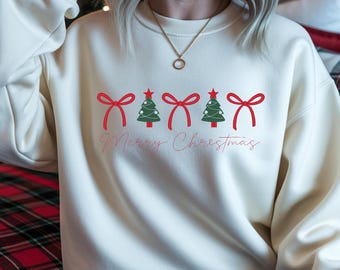 Christmas Sweatshirt Trees & Bows , Holiday Sweater, Cozy Unisex Winter Top