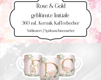 Individuelle Initiale Kaffeetasse | Gold/Rosa | Personalisiertes Geschenk 360 ml Keramik Kaffeetasse | Sublimiert & spülmaschinenfest