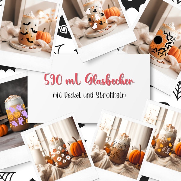 Iced Coffee Glas 530 ml | Halloween Herbst | Bambusdeckel Strohhalm  Trinkglas | Eiskaffeeglas mit Strohhalm | Halloween Deko