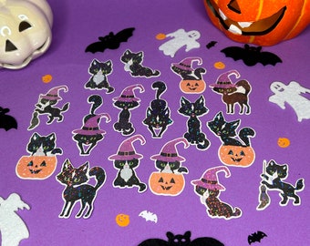 Holografische Halloween Schwarze Katzen Sticker Set | 16 Magische Aufkleber | Cute Black Cat Sticker Set