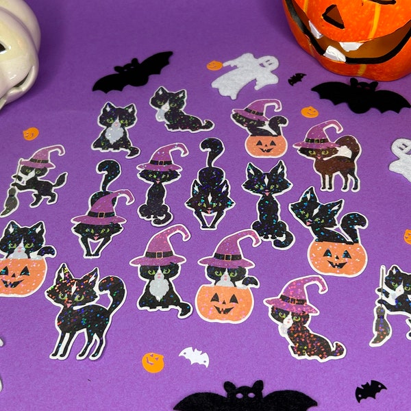 Holografische Halloween Schwarze Katzen Sticker Set | 16 Magische Aufkleber | Cute Black Cat Sticker Set