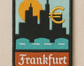 Frankfurt Aufnäher – Gestickter Patch (8 cm) | Skyline, Euro-Zeichen & Main | Zum Aufbügeln, Aufnähen oder mit Klett