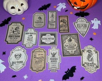 Magische Halloween Potion Flaschenetiketten - Set mit 12 Designs, laminiert & wasserfest, Größe 6-8 CM