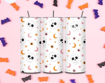 Sweet & Spooky Skulls Tumbler - 20 oz Edelstahlbecher mit süßen Totenkopf-Mustern, Sublimiert, Spülmaschinenfest, inkl. Strohhalm und Deckel