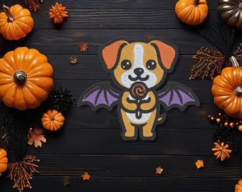 Halloween Hund Aufnäher – Hund mit Fledermausflügeln und Lolli – Bestickter Patch, 8 cm