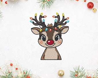 Embroidered Reindeer Patch with Christmas Lights – 7.5 cm – Holiday Iron-On Patch