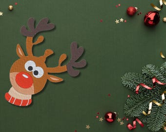 Rentier Aufnäher – Gestickter Weihnachts-Patch mit roter Nase | Filz Aufnäher (8 cm)