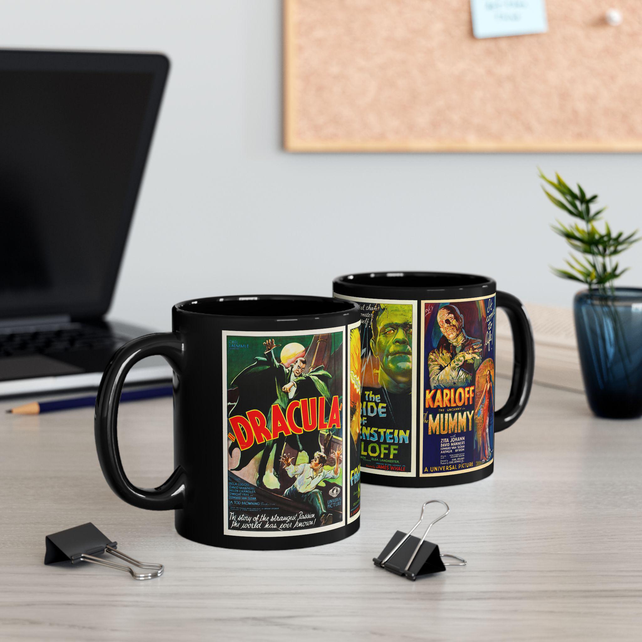 Vintage Creature Feature Movie Poster Montage Black Ceramic Mug (11, 15oz) Film/Universal/Horror/Lugosi/Karloff/Gothic/Cinema/Coffee/Gift
