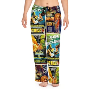 May include: Pajama pants featuring vintage movie posters for classic monster films like "Creature from the Black Lagoon" and "The Mummy." The colorful design includes text and images from the films, with a drawstring waist. The pants are made of a soft, comfortable material.