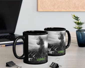 Godzilla Black Ceramic Mug (11, 15oz) Film Lovers/Vintage/Monster/Movie/Cinema/Hollywood/Japanese/Classic/Reptilian/Gift/Fun/Still