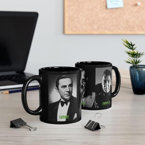 Famous Actors of the Classic Horror Movie Era Black Ceramic Mug (11oz, 15oz) Lugosi/Karloff/Cheney Jr/Film/Cinema/Universal/Gothic