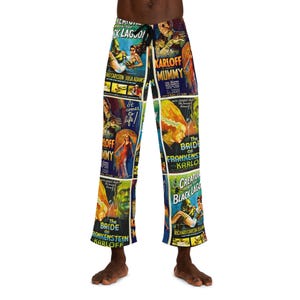 May include: Pajama pants featuring a collage of classic monster movie posters, including "Creature from the Black Lagoon," "The Mummy," and "Bride of Frankenstein." The colorful design includes text and images from the films.
