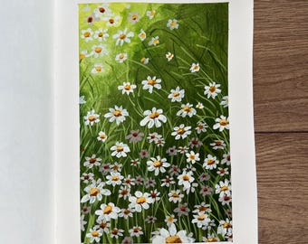May include: A painting of a field of white daisies with yellow centers, set against a green background. The daisies are clustered together, creating a sense of depth and texture.