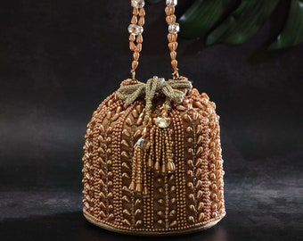 Rose Gold Beaded Potli Bag, Embellished Drop-Bead Drawstring Purse, Bridal Wedding Potli Bag, Diwali Gift For Her