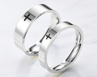 4mm/6mm Titanium Steel Ring, Silver Cross Ring, Mens Wedding Band, Couple Ring, Crucifixion Ring, Belief Ring, Faith Ring, Promise Ring