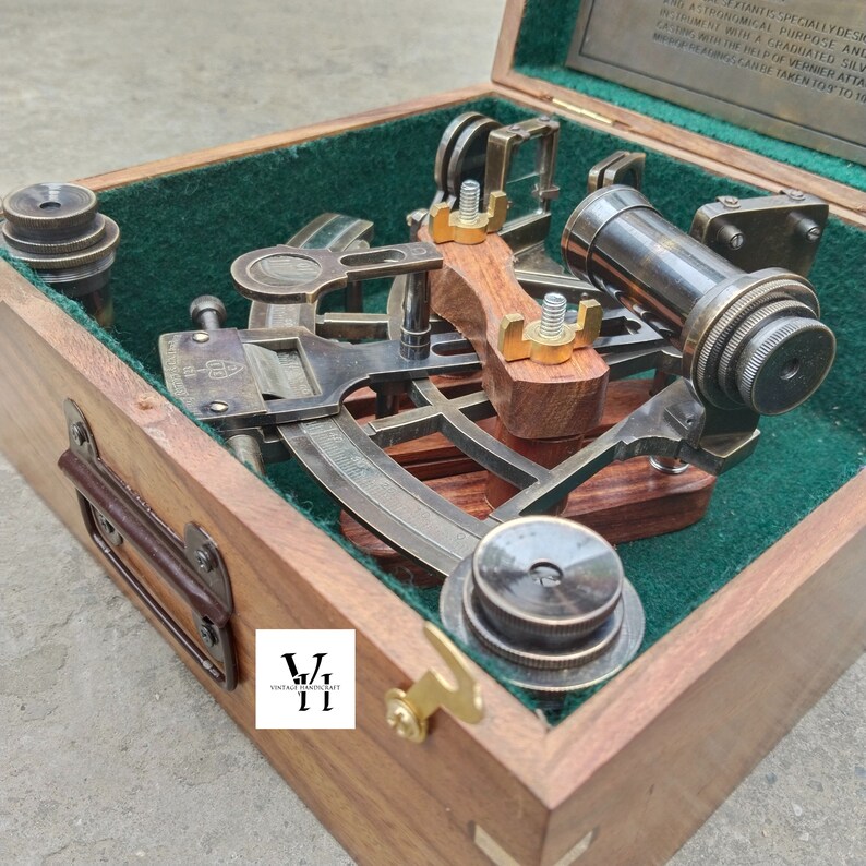 9" Brass Sextant With Wooden Box - Fully Functional Nautical Navigation Instrument, Traditional Ship Astrolabe