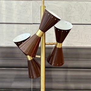 Mid-Century Modern Tripod Floor Lamp: Brass Diabolo Shades, Marble Base