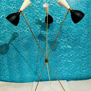 Mid Century Italian Tripod Floor Lamp | Stilnovo Style 3-Arms Brass Spotlight | Vintage Brass Diabolo Lamp for Living Room  and Home Decor