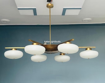 Mid Century Italian Brass Opaline Glass Chandelier - 6 Light Flush Mount