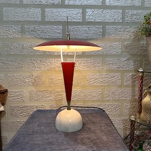 1950&#39;s Extremely Rare and Adjustable Red/White Brass Table Industrial Italian Stilnovo Vintage lamp With Marble Base Hand made Bedroom
