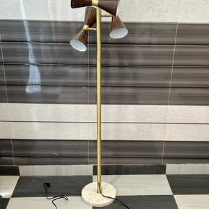 Mid Century Modern Tripod Floor Lamp | Brass & Brown Diabolo Cone Shades | Vintage Style Standing Lamp with Marble Base