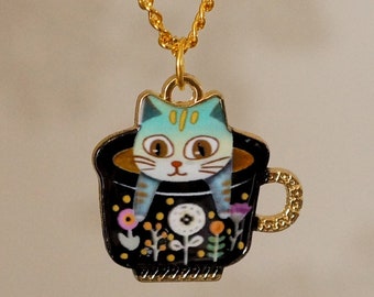 Cool funky Cat in a Teacup Necklace, quirky gold teacup cat necklace for women