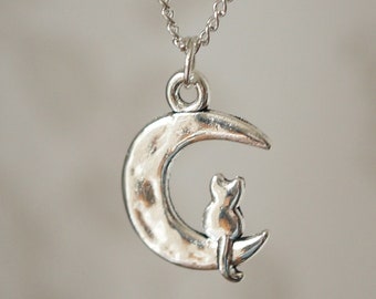 Cat on Moon Necklace, Cute cool hammered silver cat sat on the moon necklace for women