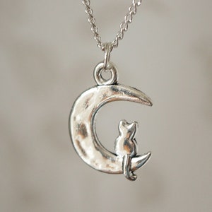 Cat on Moon Necklace, Cute cool hammered silver cat sat on the moon necklace for women