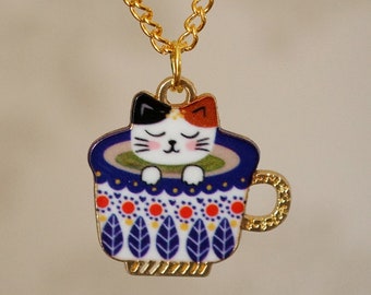 Cat in a Teacup Necklace, Unusual funky quirky gold cat in a teacup necklace for women