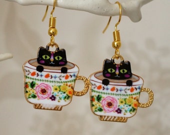 Black Cat in a Teacup Earrings, Cool funky gold cat in a teacup dangle earrings for women