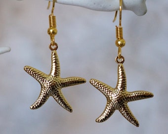 Quirky Starfish Earrings, Cool gold starfish drop earrings for women
