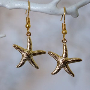 Quirky Starfish Earrings, Cool gold starfish drop earrings for women