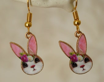 Quirky Rabbit Earrings, Cool funky gold and enamel floral bunny rabbit drop earrings for women