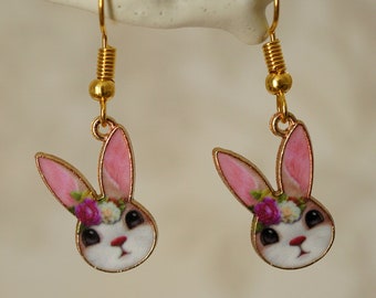 Floral Bunny Rabbit Earrings: Gold Plated Enamel Animal Charm Dangle Earrings