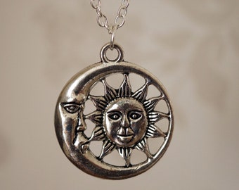 Silver Sun Moon Necklace, Funky cool celestial sun and moon necklace for women