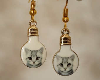 Lightbulb Cat Earrings, Funky novelty gold lightbulb cat drop earrings for women