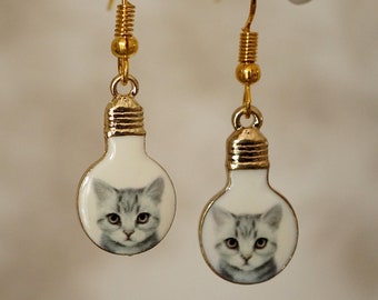 Lightbulb Cat Earrings, Funky novelty gold lightbulb cat drop earrings for women