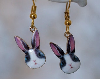 Cool Rabbit Earrings, Cute quirky gold and enamel bunny rabbit dangle earrings for women