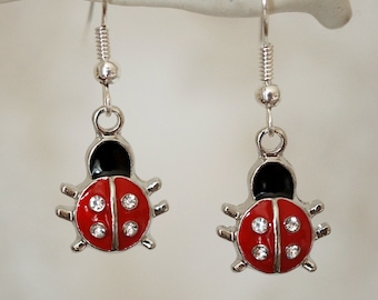 Quirky Ladybird Earrings, Cool novelty silver and enamel ladybird drop earrings for women