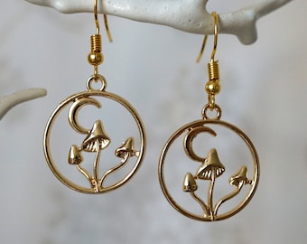 Gold Toadstool Earrings, Cool quirky statement toadstool mushroom drop earrings for women