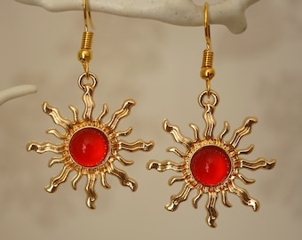 Red Sun Earrings, Cool quirky gold and red acrylic sun drop earrings for women